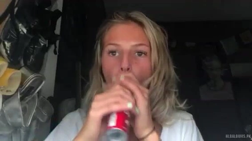 Sexy blonde stripping and fingering
