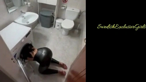 Swedish Babe Elin Swede stuck in washing machine & doggystyle sex