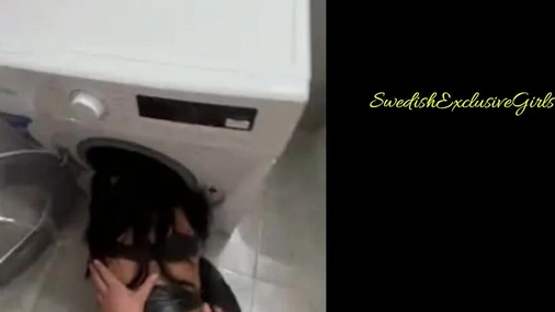 Swedish Babe Elin Swede stuck in washing machine & doggystyle sex