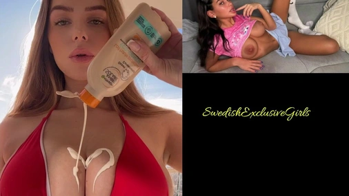 Norwegian Babe TheBellebunny putting alot of suncream on her big boobs &  bouncing