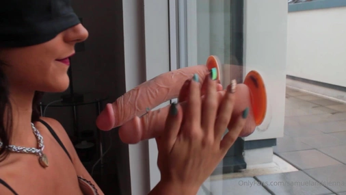 Blindfolded Sienna Garcia Sucks Dildo Attached To Window