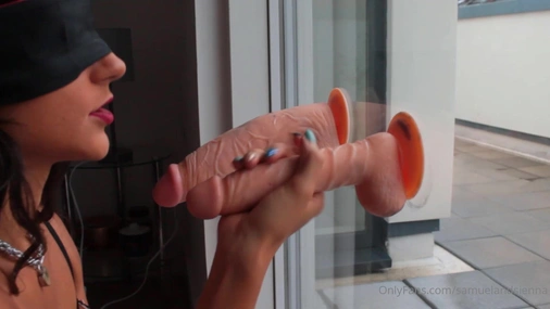 Blindfolded Sienna Garcia Sucks Dildo Attached To Window