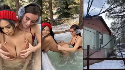 Lesbisk lek med Lana Rhoades i utendørs boblebad