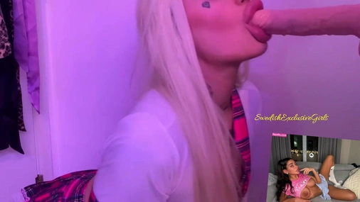 Swedish blonde Babe Emm Blowjobs dildo on wall