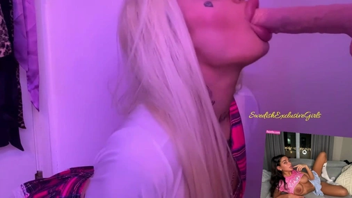 Swedish blonde Babe Emm Blowjobs dildo on wall