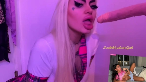 Swedish blonde Babe Emm Blowjobs dildo on wall