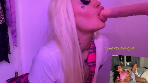 Swedish blonde Babe Emm Blowjobs dildo on wall