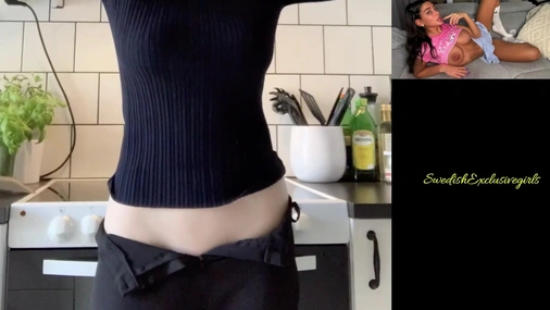 Swedish Babe Matilda flash her big tits in kitchen