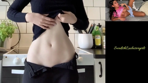 Swedish Babe Matilda flash her big tits in kitchen