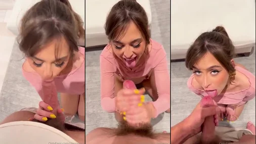 Versaute Stiefschwester Riley Reid gibt einen feuchten Blowjob und schluckt Sperma
