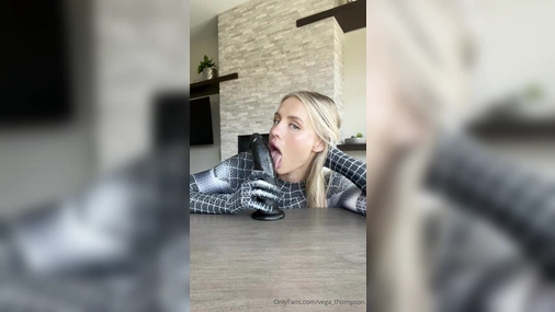 Vega Thompson Sucking And Riding Black Dildo in Spiderwoman Cosplay