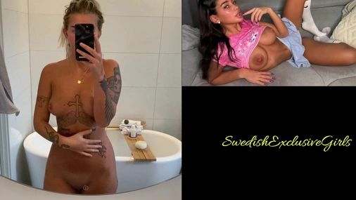 Swedish Tattooed Pierced Babe Ida Olofsson touching her boobs &  pussy in bathroom