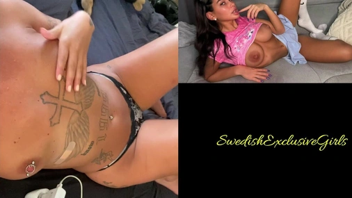 Swedish Tattooed Babe Ida Olofsson playing with her big tits in the sofa