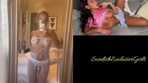 Swedish Babe Alma is showing off her great  large breasts in a mirror