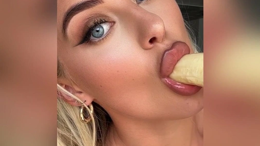 Rhiannon Blue - Busty British Blonde Strips Naked And Sucks Banana