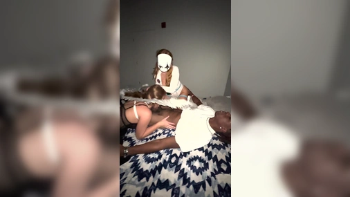 gingerbunny18 Joins Threesome Costume Party And Rides Dick On The Balcony