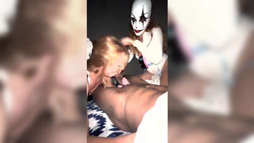 gingerbunny18 Joins Threesome Costume Party And Rides Dick On The Balcony