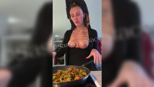 Danish Babe SassaStacy Cooking Food While Her Sexy Big Tits Hanging Out