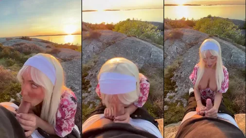Die Schwedin Elin lutscht draußen einen Schwanz