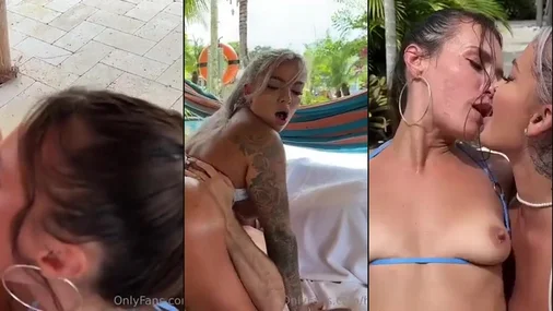 Sexy, vollbusig Kelsi Monroe und Hayley Davies – Heißer Dreier im Freien am Pool