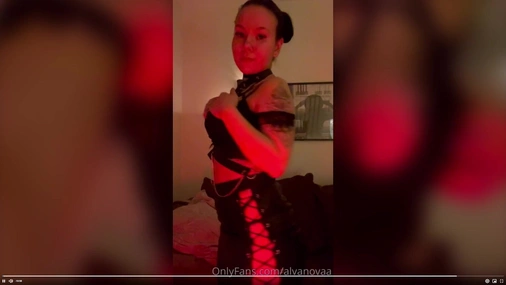 Alvanovaa sucking and riding dildo in leather skirt