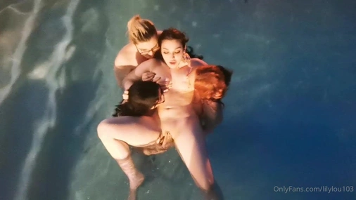 Lily Lou Lesbian Foursome In The Outdoor Pool