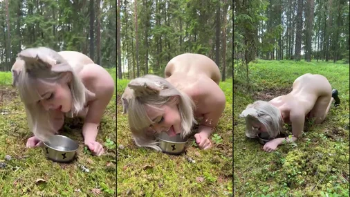 Die finnische Teenagerin Wuffelipuffeli benimmt sich wie ein Hund und trinkt Wasser aus einer Schüssel im Wald