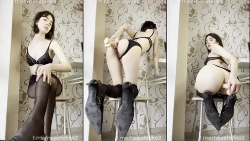 YourSmallDoll Fucks Ass With Dildo In Black Lingerie And High Heels