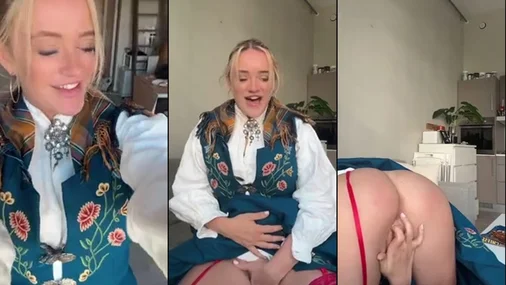 Norwegian Babe LittleLoFoten Fingers Her Tight Pussy In Norwegian National Costume