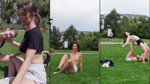 Lady In The Streets Topless Yoga With Friend in Public Place